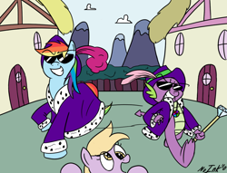 Size: 1224x936 | Tagged: safe, artist:no-ink, derpy hooves, rainbow dash, spike, dragon, pegasus, pony, cane, clothes, female, grin, hat, jewelry, male, mare, necklace, open mouth, pimp, ponyville, raised hoof, robe, smiling, smirk