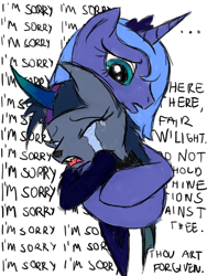 Size: 340x451 | Tagged: safe, artist:rexlupin, princess luna, twilight sparkle, draconequus, apologetic, apology, context is for the weak, crying, draconequified, forgiveness, hug, s1 luna, simple background, sketch, species swap, text, transparent background, twikonequus