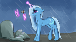 Size: 1920x1080 | Tagged: safe, artist:renarde-louve, derpibooru import, trixie, pony, unicorn, female, hammer, magic, mare, newbie artist training grounds, rain, rock, rock farm, sad, solo, wet mane