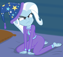 Size: 1280x1169 | Tagged: safe, artist:grapefruitface1, derpibooru import, trixie, better together, choose your own ending, equestria girls, wake up!, angry, barefoot, base used, clothes, cute, diatrixes, feet, hat, madorable, nightcap, nightwear, pajamas, solo, tired, trixie is not amused, trixie's hat, tsundere, unamused