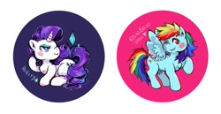 Size: 1063x547 | Tagged: safe, artist:sanoe, rainbow dash, rarity, pegasus, pony, unicorn, chibi, female, horn, mare