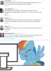 Size: 460x641 | Tagged: safe, rainbow dash, bayonetta, drama, exploitable meme, facehoof, meme, meta, monitor, swearing, tv meme, twitter, wat