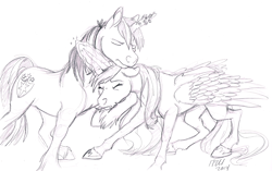 Size: 1292x810 | Tagged: safe, artist:carnivorouscaribou, princess cadance, shining armor, alicorn, pony, unicorn, the crystal empire, eyes closed, floppy ears, frown, grayscale, magic, magic suppression, messy mane, monochrome, neck hug, scene interpretation, traditional art