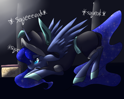 Size: 1280x1024 | Tagged: safe, artist:rivuredevour, princess luna, alicorn, pony, box, bunny ears, clothes, costume, dangerous mission outfit, female, hoodie, mare, sneaking, solo