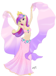 Size: 400x539 | Tagged: safe, artist:zellykat, princess cadance, human, armpits, bedroom eyes, belly button, belly dancer, belly dancer outfit, bikini top, clothes, humanized, jewelry, long skirt, looking at you, midriff, nail polish, skirt, smiling, solo, tiara