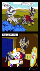 Size: 700x1249 | Tagged: safe, artist:omny87, zecora, zebra, comic, cute, female, filly, fruit stripe, mare, poison joke, slice of life, weapons-grade cute, younger, zecorable