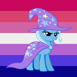 Size: 640x640 | Tagged: source needed, useless source url, safe, alternate version, derpibooru import, trixie, pony, unicorn, bisexual pride flag, clothes, female, headcanon, lgbt headcanon, pride, sexuality headcanon, smiling, smirk, solo