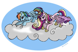 Size: 1024x685 | Tagged: safe, artist:lavenderrain24, princess cadance, rainbow dash, alicorn, pegasus, pony, cloud, duo, race