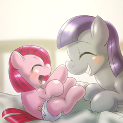 Size: 1000x1000 | Tagged: safe, artist:ushiro no kukan, derpibooru import, maud pie, pinkie pie, earth pony, pony, baby pie, boop, cute, diaper, diapinkes, duo, eyes closed, filly, grin, maudabetes, on back, open mouth, pie sisters, prone, sisters, smiling, ushiro is trying to murder us, weapons-grade cute, when she smiles, younger