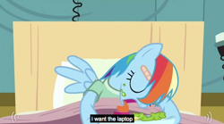 Size: 636x353 | Tagged: safe, screencap, rainbow dash, pegasus, pony, blue mane, female, mare, multicolored mane, youtube caption