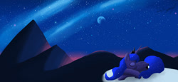 Size: 1864x858 | Tagged: safe, artist:majorlaughmaster, princess luna, alicorn, pony, moon, mountain, night, prone, sleeping, snow, solo, stars