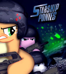 Size: 848x942 | Tagged: safe, artist:dan232323, applejack, pinkie pie, shining armor, earth pony, pony, unicorn, crossover, gun, morita rifle, parody, rifle, starship troopers, war