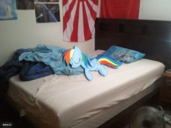 Size: 719x539 | Tagged: safe, artist:jblee22, derpy hooves, rainbow dash, pegasus, pony, bed, blanket, eyes closed, fan, irl, photo, pillow, ponies in real life, poster, sheet, sleeping, smiling, vector