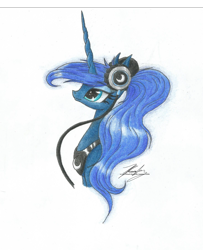 Size: 1460x1800 | Tagged: safe, artist:cloud-dash, princess luna, alicorn, pony, bust, female, headphones, horn, jewelry, mare, portrait, profile, regalia, simple background, solo, traditional art, white background