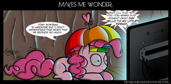 Size: 5700x2800 | Tagged: safe, artist:zsparkonequus, pinkie pie, earth pony, pony, absurd resolution, comic, dialogue, eye reflection, female, hat, mare, pinkie being pinkie, pinkie sense, reflection, say hello to my little friend, scarface, shrunken pupils, solo, speech bubble, television, twitchy tail, umbrella hat