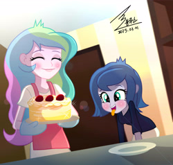 Size: 3402x3238 | Tagged: safe, artist:bluse, princess celestia, princess luna, principal celestia, vice principal luna, equestria girls, blushing, cake, cute, cutelestia, eyes closed, female, happy, high res, lunabetes, momlestia, needs more jpeg, open mouth, show accurate, signature, smiling, sweet dreams fuel, tongue out, want, weapons-grade cute, woona, younger