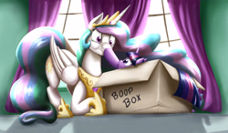 Size: 4296x2508 | Tagged: safe, artist:otakuap, princess celestia, twilight sparkle, alicorn, pony, absurd resolution, boop, boop box, cute, cutelestia, female, hnnng, mare, nose wrinkle, paint tool sai, pony in a box, scrunchy face, smiling, surprised, sweet dreams fuel, twiabetes, weapons-grade cute, wide eyes, younger