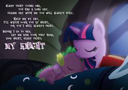 Size: 2283x1614 | Tagged: safe, artist:ikuvaito, spike, twilight sparkle, dragon, cute, forehead kiss, mama twilight, poem, sleeping, spikelove, weapons-grade cute