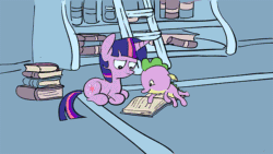 Size: 600x338 | Tagged: safe, artist:nukilik, edit, spike, twilight sparkle, dragon, pony, unicorn, animated, annoyed, baby, baby dragon, baby spike, behaving like a cat, book, curled up, cute, definition of insanity, eyes closed, female, filly, filly twilight sparkle, floppy ears, frame by frame, frown, grumpy, hnnng, levitation, library, lidded eyes, looking up, loop, magic, male, nukilik is trying to murder us, prone, reading, sitting, sleeping, smiling, spikabetes, telekinesis, twiabetes, unamused, weapons-grade cute, wide eyes, younger