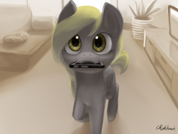 Size: 1600x1200 | Tagged: safe, artist:chickhawk96, derpy hooves, pegasus, pony, :3, behaving like a dog, cellphone, cute, derpabetes, drool, female, fetch!, looking at you, looking up, mare, mouth hold, phone, raised hoof, smartphone, smiling, sofa, solo, underp, weapons-grade cute