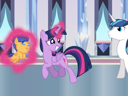 Size: 1024x768 | Tagged: safe, artist:rulette, flash sentry, shining armor, twilight sparkle, twilight sparkle (alicorn), alicorn, pony, unicorn, age regression, baby, baby pony, colt, diasentres, female, magic, mare