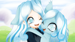 Size: 3840x2160 | Tagged: safe, artist:an-m, oc, oc only, oc:snowdrop, human, pegasus, pony, colored pupils, cute, ear fluff, eared humanization, female, holding a pony, hug, human ponidox, humanized, humanized oc, looking at you, mare, one eye closed, open mouth, smiling, snowbetes, weapons-grade cute, wink