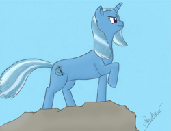 Size: 3289x2531 | Tagged: safe, artist:greengimmick, derpibooru import, trixie, pony, unicorn, female, mare, raised hoof, rock, solo