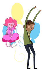 Size: 517x853 | Tagged: safe, artist:giraffewizardry, pinkie pie, bear, human, adventure time, clothes, crossover, cutie mark background, dress, female, humanized, male, party pat, simple background, transparent background, weird al yankovic