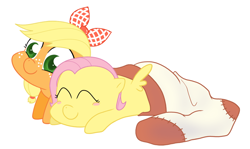 Size: 900x535 | Tagged: safe, artist:egophiliac, artist:syggie, derpibooru import, edit, applejack, fluttershy, earth pony, pony, blush sticker, blushing, cute, double sock, duo, filly, hair bow, recolor, simple background, small wings, sock, sock filly, weapons-grade cute, white background