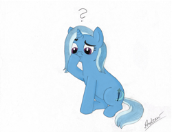 Size: 3306x2525 | Tagged: safe, artist:greengimmick, derpibooru import, trixie, pony, unicorn, female, mare, missing accessory, puzzled, simple background, sitting, solo, white background