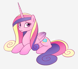 Size: 1083x967 | Tagged: safe, artist:mn27, princess cadance, alicorn, pony, female, frown, looking at you, lying down, mare, missing accessory, princess sadance, prone, sad, simple background, solo, white background