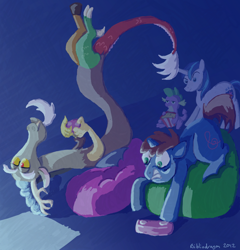 Size: 824x858 | Tagged: safe, artist:bibliodragon, discord, shining armor, spike, oc, dragon, pony, unicorn, video game