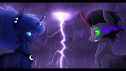 Size: 1920x1080 | Tagged: safe, artist:thebluedreammaker, king sombra, princess luna, alicorn, pony, unicorn, female, jewelry, lightning, looking at each other, lumbra, male, nightmare luna, rain, shipping, straight