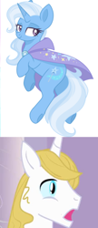 Size: 688x1588 | Tagged: safe, artist:cinnamontee, derpibooru import, edit, prince blueblood, trixie, pony, bluetrix, female, male, reaction, shipping, straight