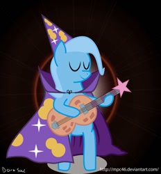 Size: 861x928 | Tagged: safe, artist:mpc46, derpibooru import, trixie, pony, unicorn, cape, clothes, cosplay, costume, eyes closed, female, goofy goober, goofy goober rock, guitar, hat, mare, rockstar, show accurate, smiling, solo, spongebob squarepants, stars, the spongebob squarepants movie, wizard hat