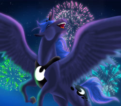 Size: 4620x4033 | Tagged: safe, artist:megbeth, princess luna, alicorn, pony, absurd resolution, eyes closed, fireworks, flying, happy, hoers, horse face, night, solo, spread wings