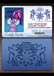 Size: 1200x1680 | Tagged: safe, artist:zombie, twilight sparkle, adorkable, braces, canterlot, canterlot high, cute, dork, glasses, library, library card, nerd pony, twiabetes, weapons-grade cute, younger