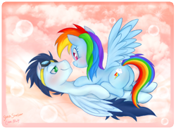 Size: 445x330 | Tagged: safe, artist:carnifex, artist:mn27, rainbow dash, soarin', pegasus, pony, blushing, female, male, romantic, shipping, soarindash, straight