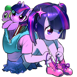 Size: 800x800 | Tagged: safe, artist:quizia, spike, twilight sparkle, equestria girls, backpack, book, clothes, cute, filly, human ponidox, pigtails, pleated skirt, plushie, quizia is trying to murder us, shoes, simple background, sitting, skirt, socks, twiabetes, tying shoes, weapons-grade cute, white background, younger