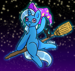 Size: 678x639 | Tagged: safe, artist:lionfishdoodles69, derpibooru import, trixie, cat, pony, unicorn, broom, female, flying, flying broomstick, hat, stars, ych example, your character here