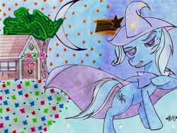 Size: 900x677 | Tagged: safe, artist:theelementofmagic, derpibooru import, trixie, pony, house, moon, night, shooting star, solo, starry sky, traditional art, tree