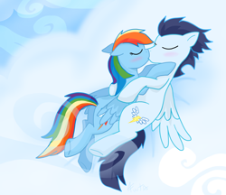 Size: 3000x2592 | Tagged: safe, artist:fuutachimaru, rainbow dash, soarin', pegasus, pony, female, high res, kissing, male, romantic, shipping, soarindash, straight