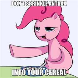 Size: 400x400 | Tagged: safe, pinkie pie, earth pony, pony, bronyetiquette, cereal, forced meme, meta, text