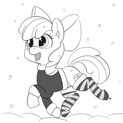 Size: 1280x1282 | Tagged: safe, artist:pabbley, apple bloom, clothes, cute, monochrome, open mouth, simple background, snow, snowfall, socks, solo, striped socks, sweater, thigh highs, white background