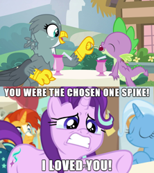 Size: 610x686 | Tagged: safe, derpibooru import, edit, edited screencap, screencap, gabby, spike, starlight glimmer, sunburst, trixie, dragon, pony, unicorn, a horse shoe-in, dragon dropped, crying, female, jealous, love triangle, male, obi wan kenobi, phyllis no!, sad, screencap comic, shipping, spabby, sparlight, star wars, straight, text, winged spike