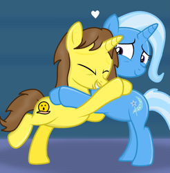 Size: 1267x1285 | Tagged: safe, artist:grapefruitface1, derpibooru import, trixie, oc, oc:grapefruit face, pony, unicorn, canon x oc, female, grapefruitface x trixie, heart, hug, male, self insert, shipping, straight