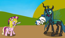 Size: 1112x652 | Tagged: safe, artist:icesticker, princess cadance, queen chrysalis, shining armor, alicorn, changeling, changeling queen, pony, unicorn, blank flank, helmet, mouth hold, sword