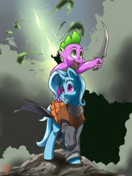 Size: 960x1280 | Tagged: safe, artist:treblinka, derpibooru import, spike, trixie, dragon, pony, unicorn, armor, riding, sword, weapon