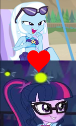 Size: 410x679 | Tagged: safe, derpibooru import, edit, edited screencap, screencap, sci-twi, trixie, twilight sparkle, better together, equestria girls, forgotten friendship, star crossed, female, geode of telekinesis, glasses, heart, lesbian, magical geodes, sci-twixie, shipping, shipping domino, twixie