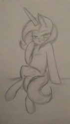 Size: 720x1280 | Tagged: safe, artist:salty-irish-potato, derpibooru import, trixie, pony, semi-anthro, unicorn, monochrome, open mouth, sketch, smiling, solo, traditional art